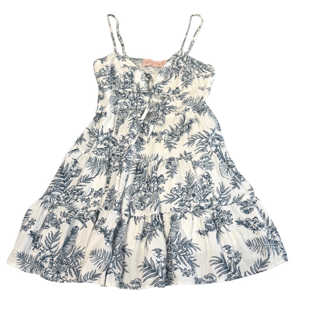 Gypsy and Gold Mini Dress Sz Medium Tropical Floral Summer Tiered Sun White Blue